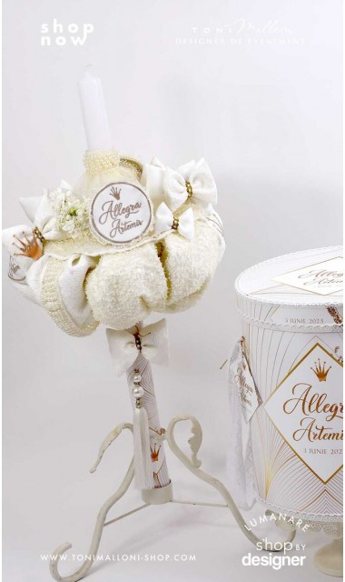Lumanare botez cu aplicatii perle si broderie Artemis 2